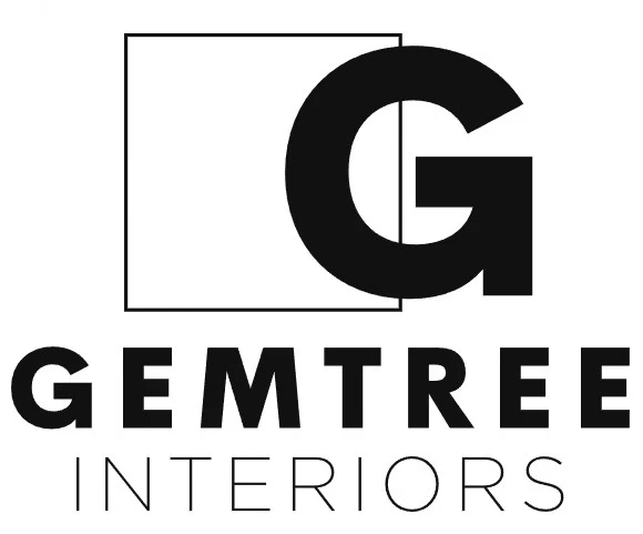 A black and white logo for "Gemtree Interiors," featuring a stylized "G" inside a shape resembling a monitor or screen on the left, and the words "GEMTREE INTERIORS" in a sans-serif font on the right.